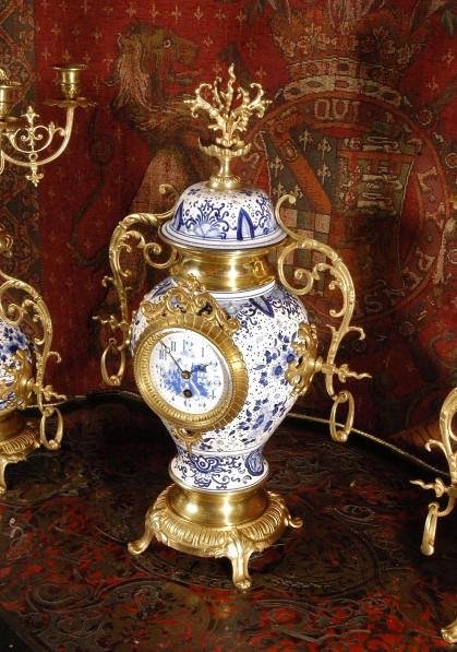 fig 2. **** SOLD **** Antique Delftware and Gilt Brass Clock Set.
